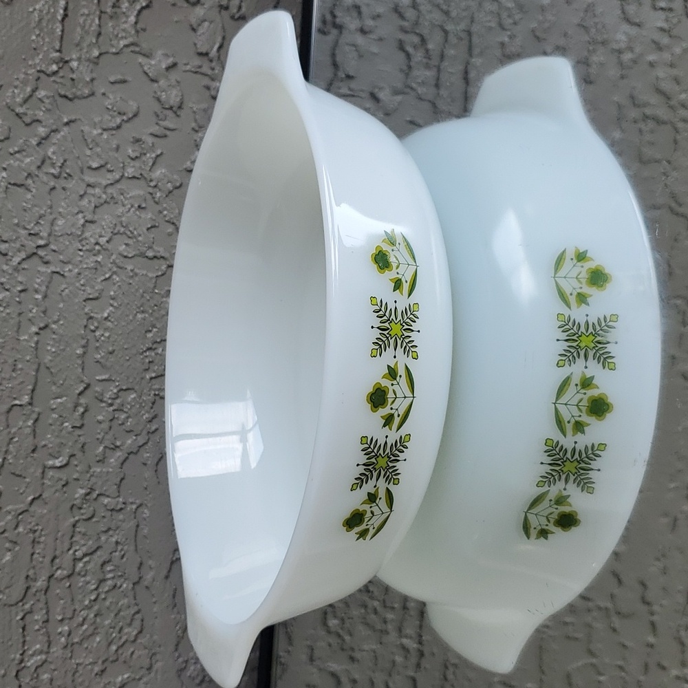 Vintage Casserole Dish Green Meadow Round Milk Glass Floral Kitschy